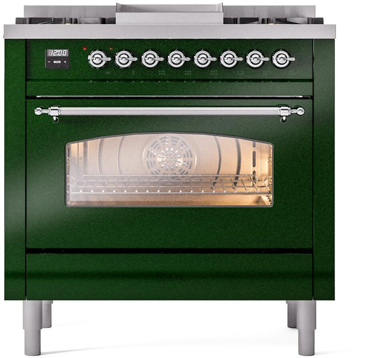 ILVE Nostalgie II 36" Dual Fuel Natural Gas Range, Emerald Green, Chrome Trim UP36FNMPEGC