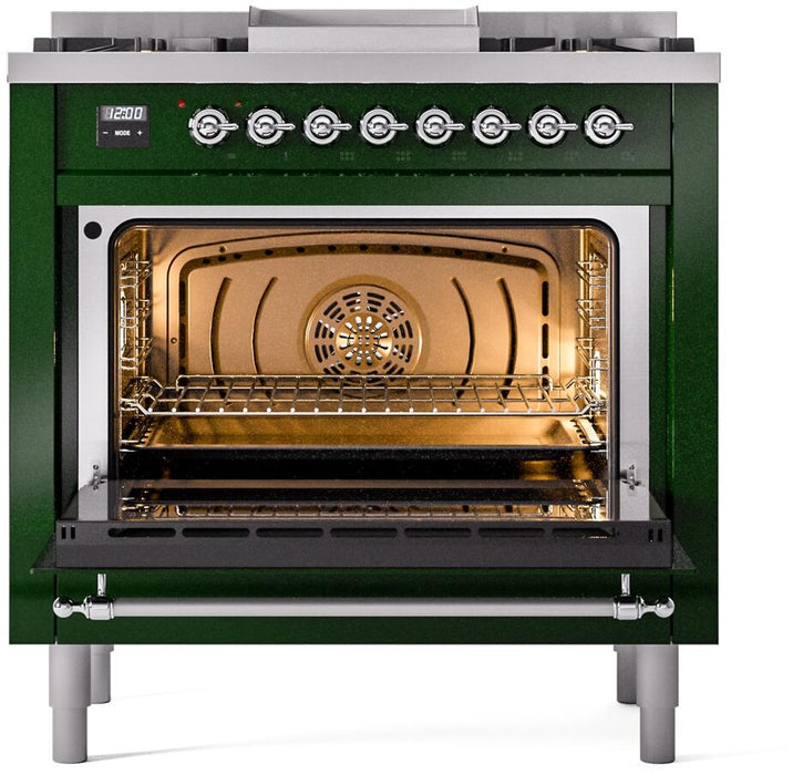 ILVE Nostalgie II 36" Dual Fuel Natural Gas Range, Emerald Green, Chrome Trim UP36FNMPEGC
