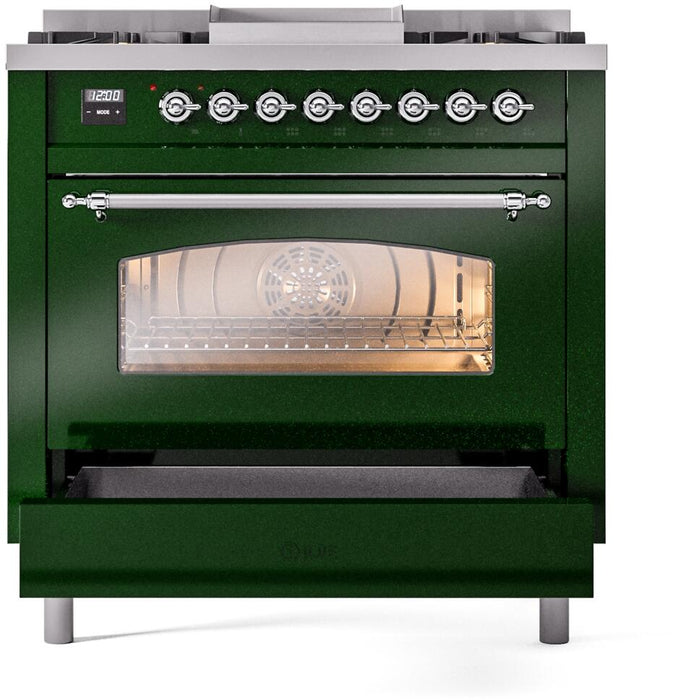 ILVE Nostalgie II 36" Dual Fuel Liquid Propane Range, Emerald Green, Chrome Trim UP36FNMPEGCLP