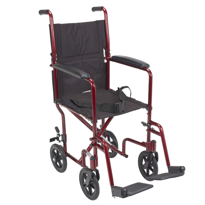 Lightweight Red Transport Wheelchair, 19" Seat, Foldable, 300 lbs Capacity