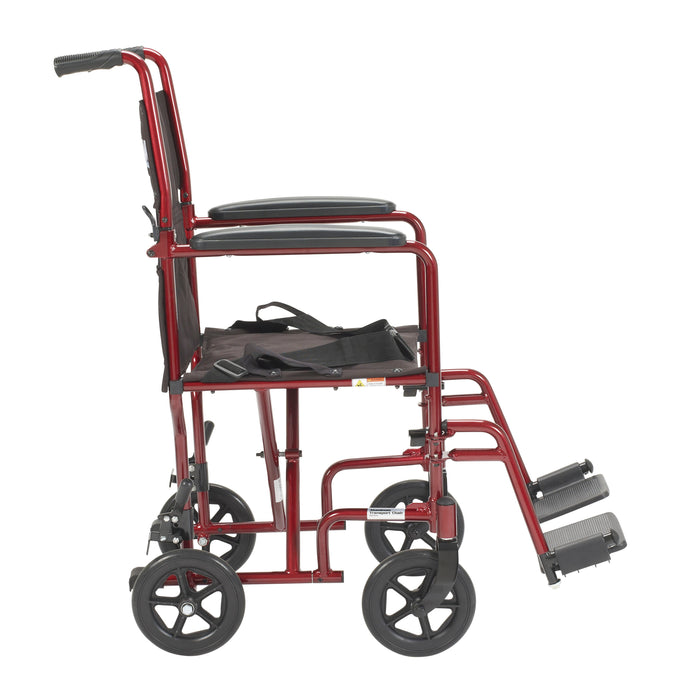 Lightweight Red Transport Wheelchair, 19" Seat, Foldable, 300 lbs Capacity