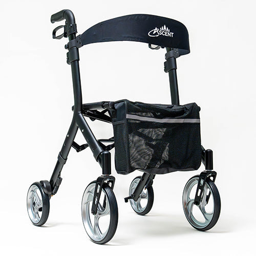 Ascent Euro-Style Rollator, Lightweight 4-Wheel Walker with Adjustable Seat & Backrest, Textured Black