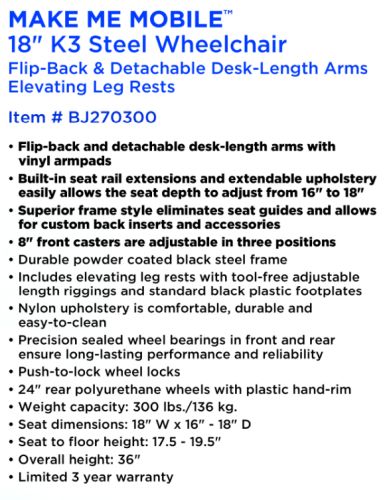 18" K3 Wheelchair with Elevating Leg Rests, Adjustable Seat Depth & Flip-Back Arms