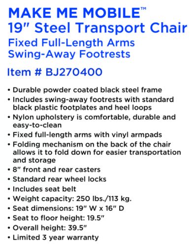 ROLL WITH ME 19" Steel Transport Wheelchair - Lightweight & Foldable