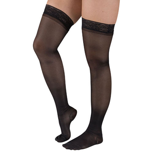 Ladies' Black Sheer Thigh High Compression Stockings 15-20 mmHg with Stay-Up Top - Moderate Support