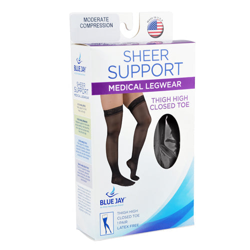 Ladies' Black Sheer Thigh High Compression Stockings 15-20 mmHg with Stay-Up Top - Moderate Support