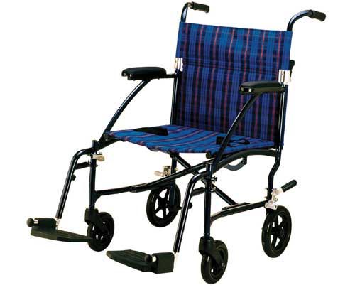 Lightweight Fly-Lite Blue Transport Wheelchair with Plaid Upholstery - 300 lb Capacity