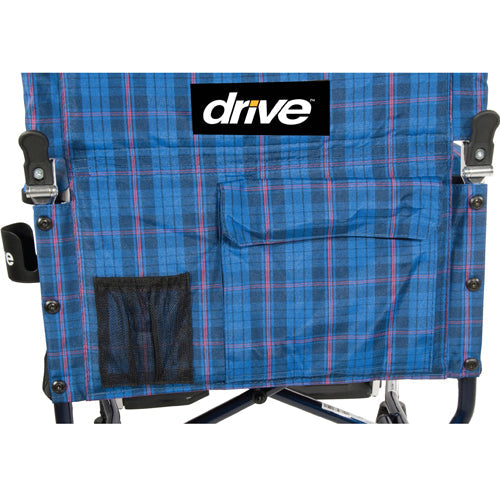 Lightweight Fly-Lite Blue Transport Wheelchair with Plaid Upholstery - 300 lb Capacity