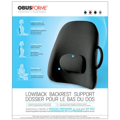 ObusForme Lowback Backrest Support - Black Lumbar Cushion for Posture & Comfort