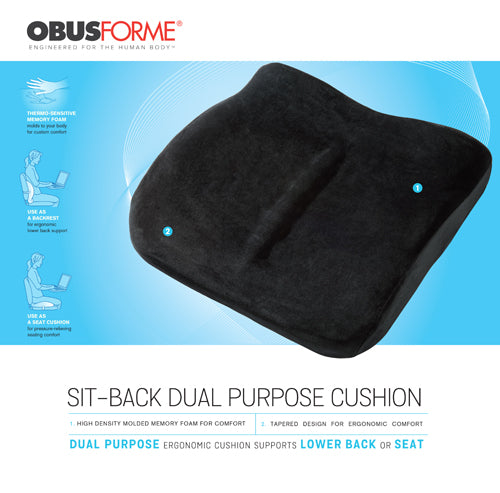 ObusForme 2-in-1 Sit-Back Cushion – Convertible Lumbar & Seat Support, Contoured Memory-Foam Relief, Portable for Office, Car & Home (Black)