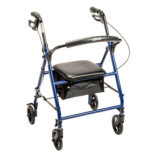 Blue Steel Rollator Walker with 6" Wheels, Padded Seat, and Adjustable Height
