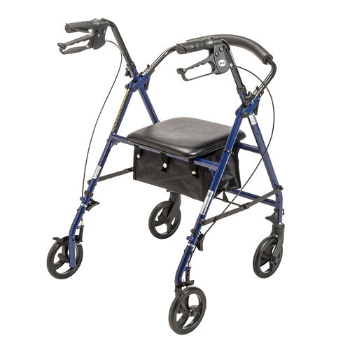 Blue Steel Rollator Walker with 6" Wheels, Padded Seat, and Adjustable Height