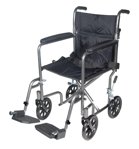 Lightweight Transport Wheelchair, 19", Silver Vein Finish, Folding Back, Steel Frame