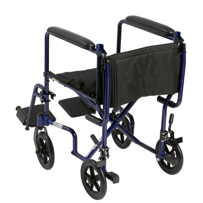 Lightweight Transport Wheelchair, 19" Wide, Blue Frame, Aluminum, 300 lbs Capacity
