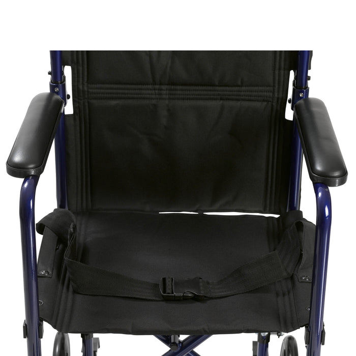 Lightweight Transport Wheelchair, 19" Wide, Blue Frame, Aluminum, 300 lbs Capacity