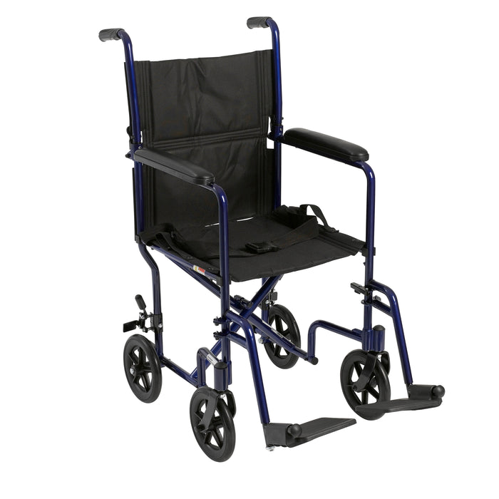 Lightweight Transport Wheelchair, 19" Wide, Blue Frame, Aluminum, 300 lbs Capacity