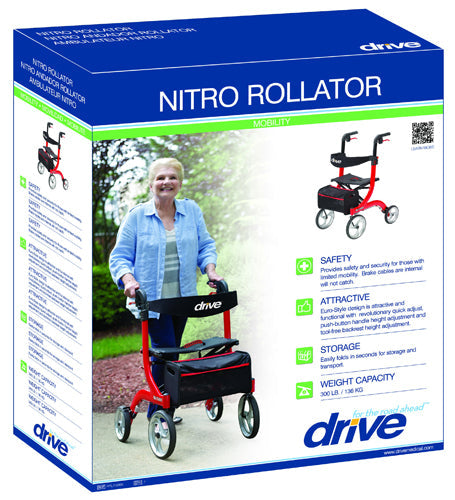 Nitro Rollator, Red, with 10" Casters, Euro-Style Folding Mobility Walker