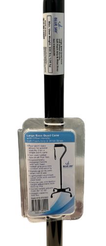 Blue Jay Quad Cane - Large Base, 300 lb Capacity, Ergonomic Grip, Black