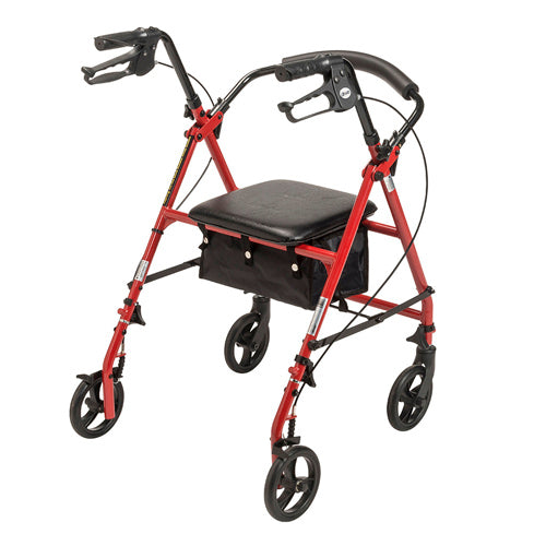 Red Steel Rollator Walker with 6" Wheels, Padded Seat, and Storage Pouch