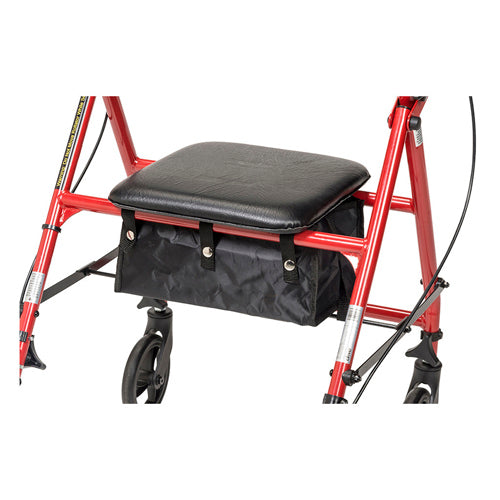 Red Steel Rollator Walker with 6" Wheels, Padded Seat, and Storage Pouch