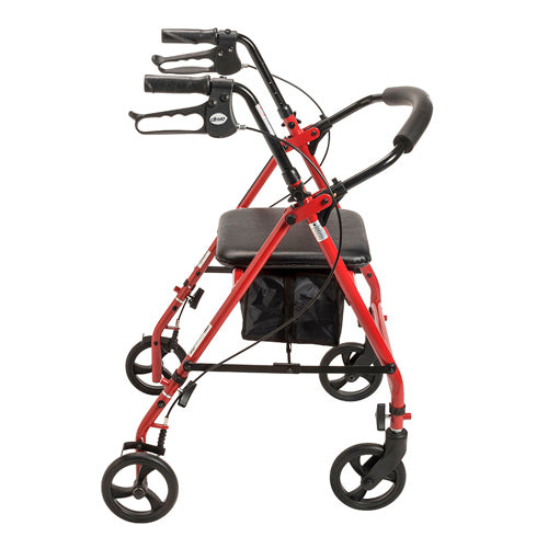 Red Steel Rollator Walker with 6" Wheels, Padded Seat, and Storage Pouch