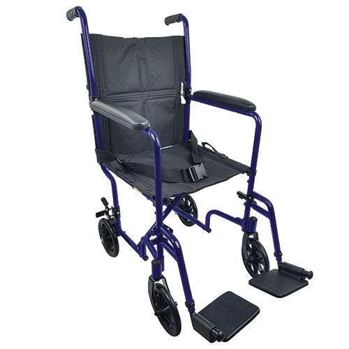 Lightweight 19" Aluminum Transport Wheelchair - Blue Frame, Foldable Back