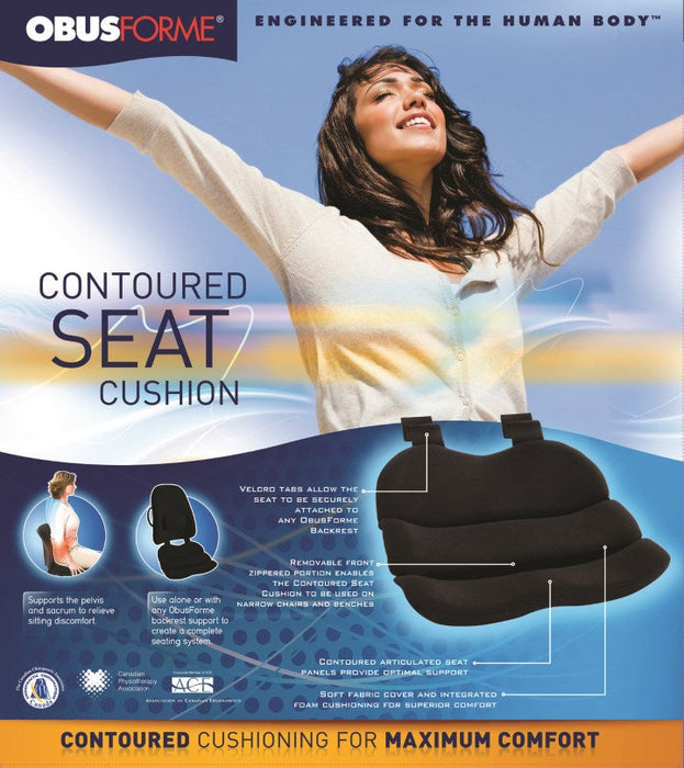 ObusForme Contoured Seat Cushion - Black Ergonomic Comfort for Office, Home & Car