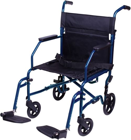Carex Transport Chair 19" Steel Metallic Blue Folding - Lightweight, Oversized Wheels