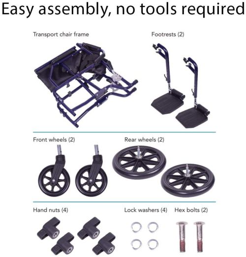 Carex Transport Chair 19" Steel Metallic Blue Folding - Lightweight, Oversized Wheels