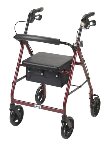 Red Aluminum Rollator Walker with Padded Seat, Adjustable Handles, and Fold-Up Back
