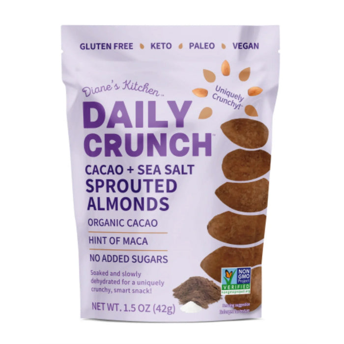 Daily Crunch - Sprouted Almonds Cacao Sea Salt, 1.5 oz (Pack of 8) - Gluten-Free Snack