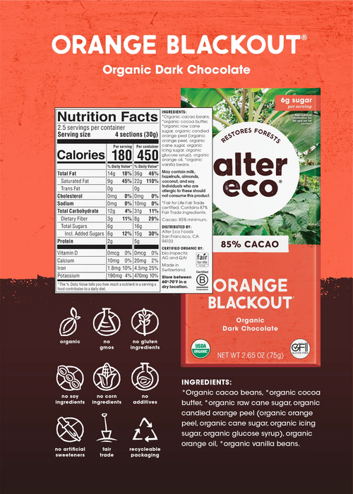 Alter Eco Organic Orange Blackout Dark Chocolate, 2.65 oz (Case of 12) - Gluten-Free Swiss Treats