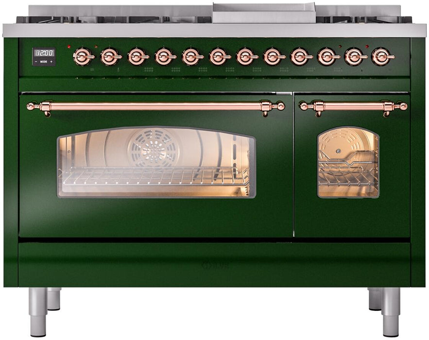 ILVE Nostalgie II 48" Dual Fuel Natural Gas Range, Emerald Green, Copper Trim UP48FNMPEGP