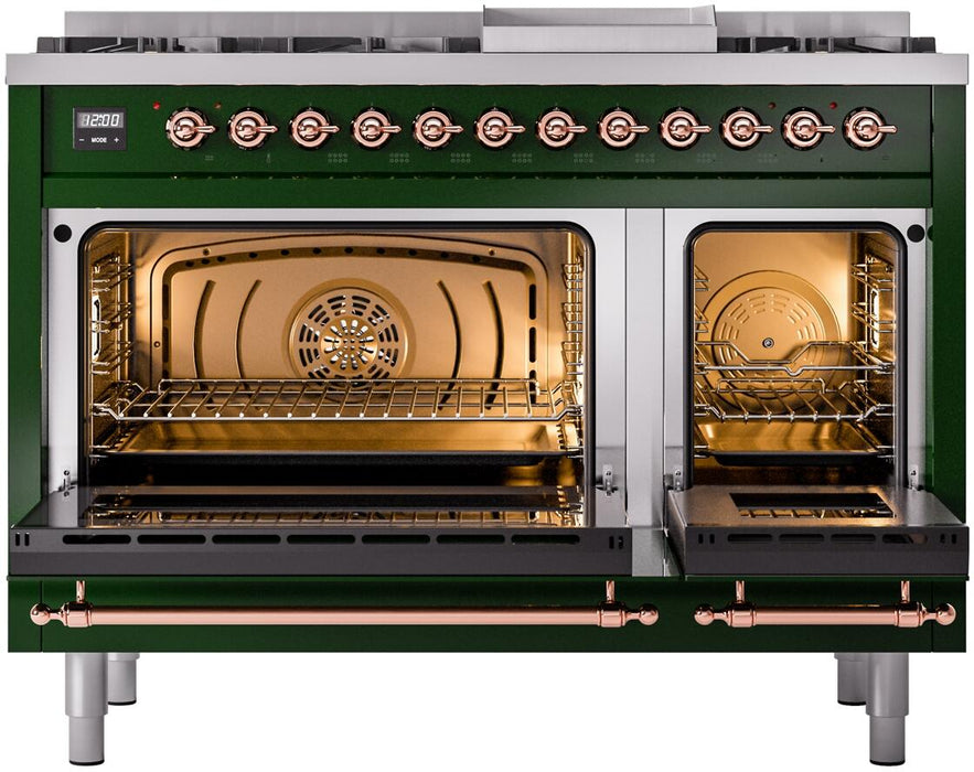 ILVE Nostalgie II 48" Dual Fuel Liquid Propane Range, Emerald Green, Bronze Trim UP48FNMPEGBLP