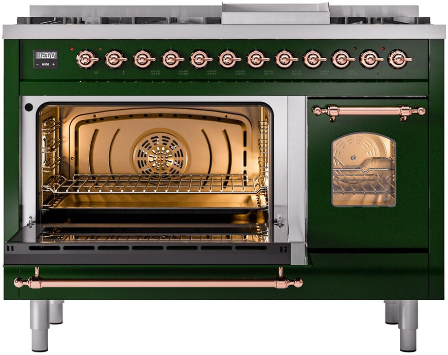 ILVE Nostalgie II 48" Dual Fuel Natural Gas Range, Emerald Green, Copper Trim UP48FNMPEGP