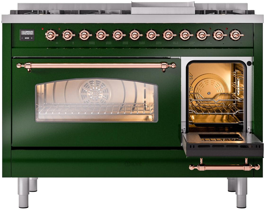 ILVE Nostalgie II 48" Dual Fuel Natural Gas Range, Emerald Green, Copper Trim UP48FNMPEGP