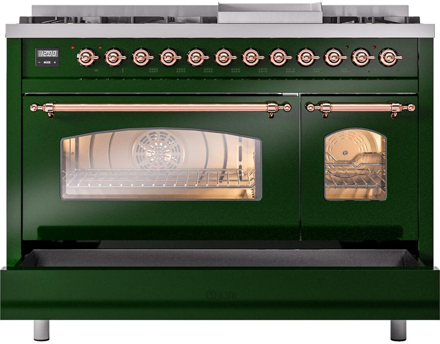 ILVE Nostalgie II 48" Dual Fuel Liquid Propane Range, Emerald Green, Bronze Trim UP48FNMPEGBLP