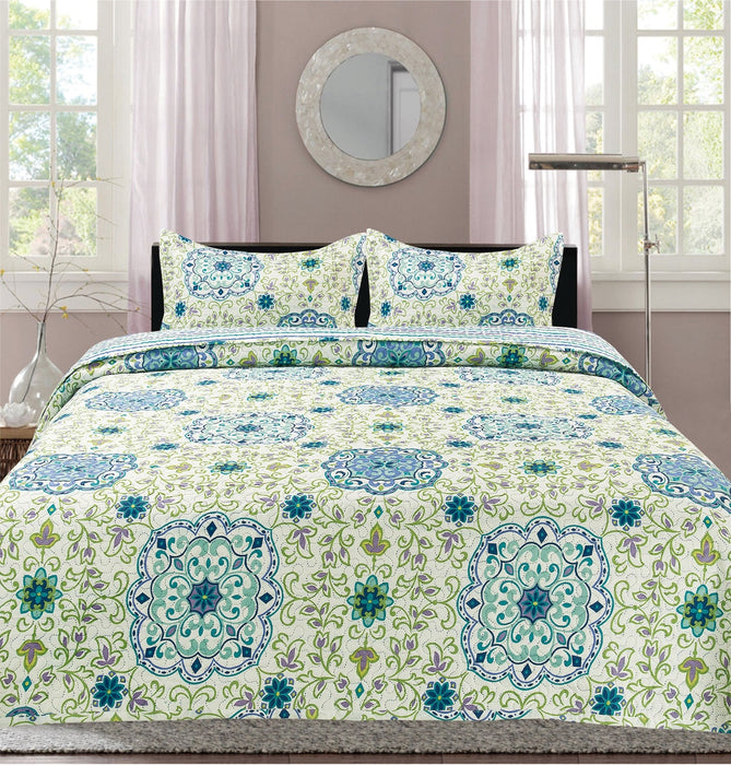 Premius Mary Damask Printed Reversible Quilt Set, Green