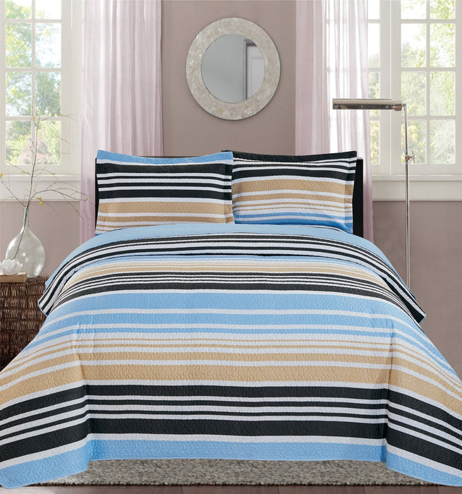 Premius France Stripe Printed Reversible Quilt Set, Blue