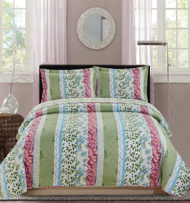 Premius Devina Leaf Printed Reversible Quilt Set, Green