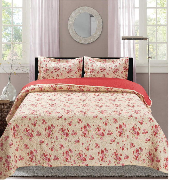 Premius Bryson Rose Printed Reversible Quilt Set, Red