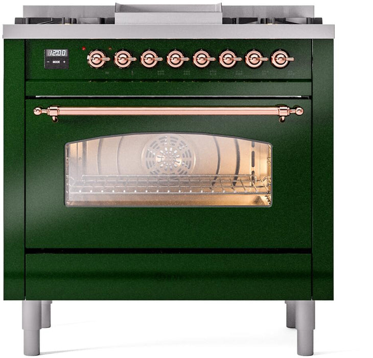 ILVE Nostalgie II 36" Dual Fuel Natural Gas Range, Emerald Green, Copper Trim UP36FNMPEGP