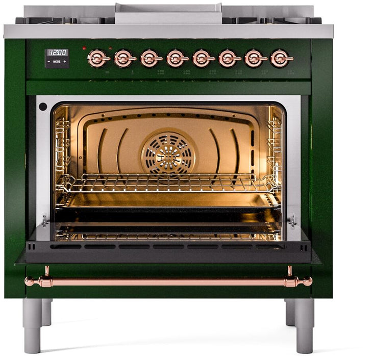 ILVE Nostalgie II 36" Dual Fuel Liquid Propane Range, Emerald Green, Copper Trim UP36FNMPEGPLP