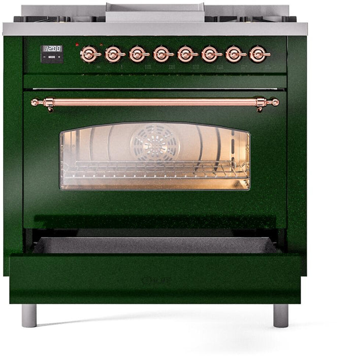 ILVE Nostalgie II 36" Dual Fuel Natural Gas Range, Emerald Green, Copper Trim UP36FNMPEGP
