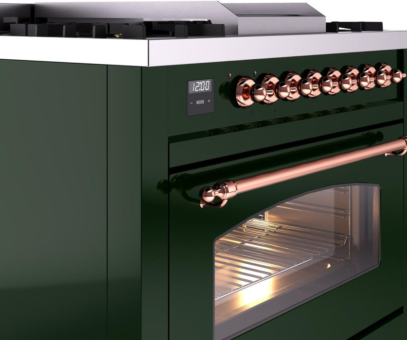 ILVE Nostalgie II 36" Dual Fuel Natural Gas Range, Emerald Green, Copper Trim UP36FNMPEGP