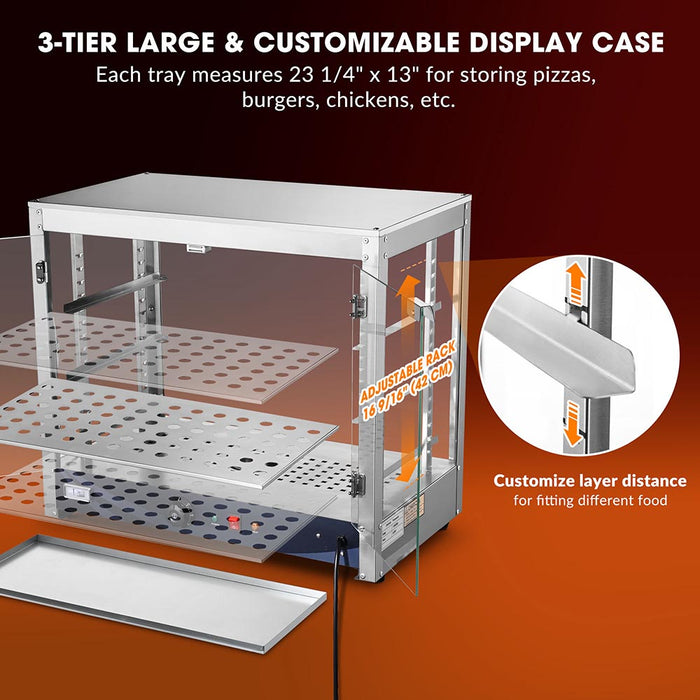 Yescom Pizza Food Warmer Commercial Countertop Display Case 3-Tier 27x15x24