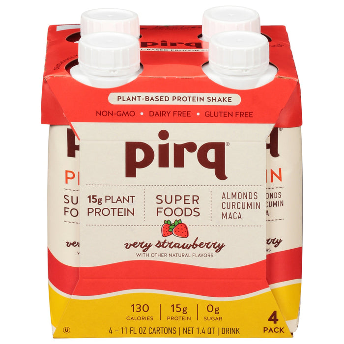 Pirq Strawberry Plant Protein Shake | Superfood, Dairy-Free, 21g Protein (Case of 3, 12x11 fl oz)