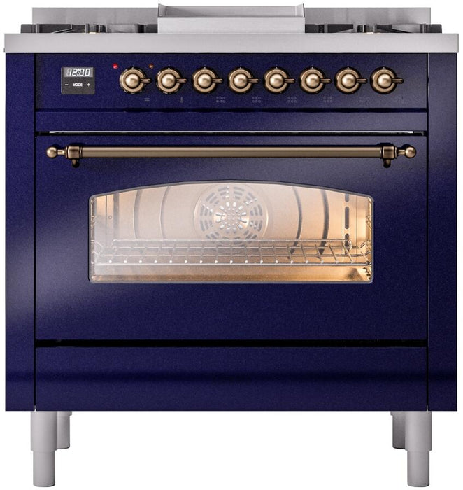 ILVE Nostalgie II 36" Dual Fuel Liquid Propane Range, Blue, Bronze Trim UP36FNMPMBBLP