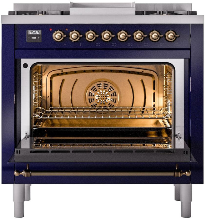 ILVE Nostalgie II 36" Dual Fuel Natural Gas Range, Blue, Bronze Trim UP36FNMPMBB