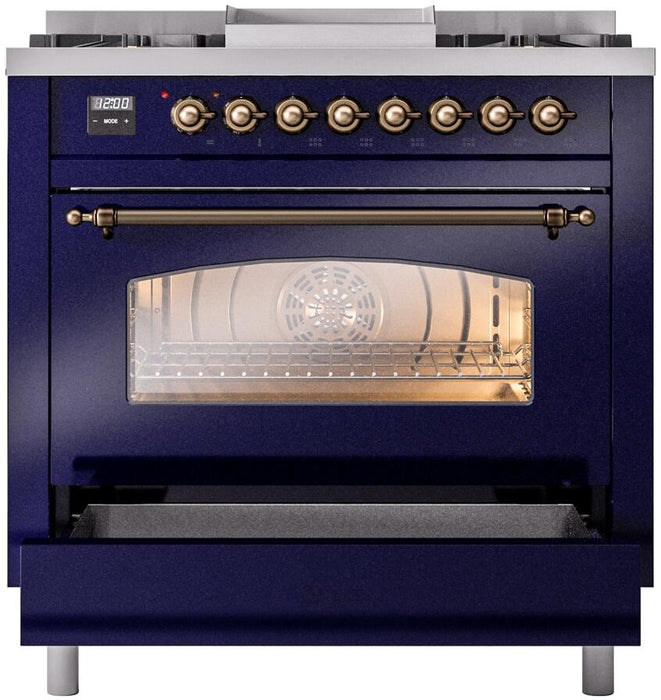 ILVE Nostalgie II 36" Dual Fuel Liquid Propane Range, Blue, Bronze Trim UP36FNMPMBBLP